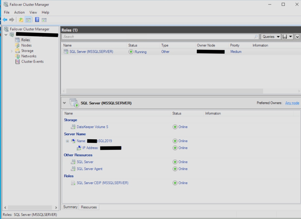 Screenshot of Failover Cluster Manager showing a running SQL Server role and DataKeeper Volume S online.